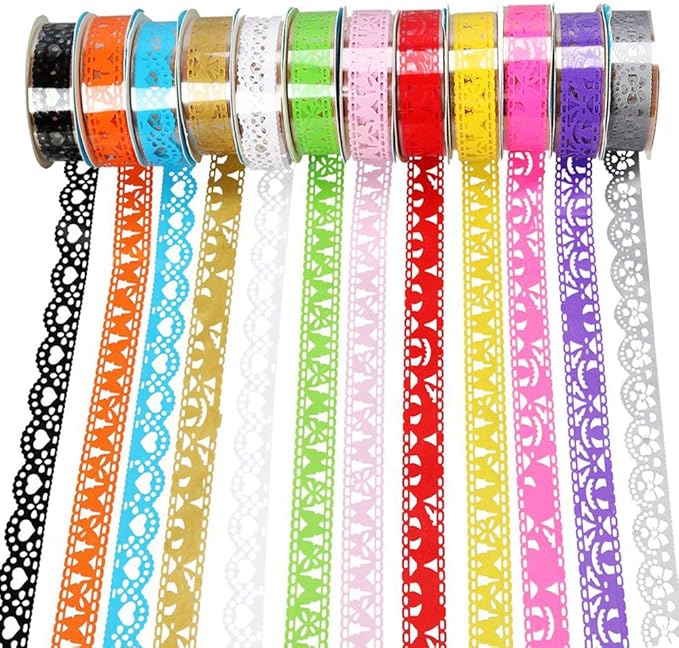 Lace Pattern Self-Adhesive Tape, Qtopun 12 Rolls Glitter Bling Sticker Colorful Sticky Paper Tape for DIY, Decorative Craft, Gift Wrapping, Scrapbook