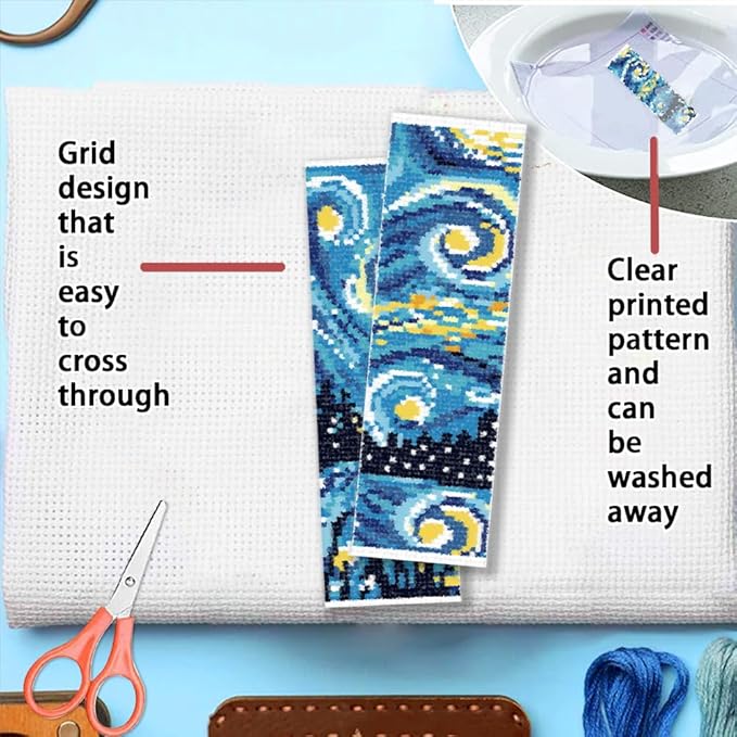 FREEBLOSS 6 Set 11CT Cross Stitch Bookmarks Kit Starry Sky Stamped Cross Stitch Kit DIY Embroidery Bookmark Set with Instruction for Adults Beginners Gift for Reading Enthusiasts 20x6cm/8x2.4inch