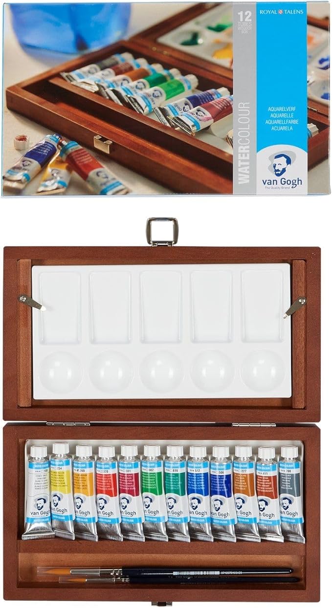 Van Gogh Watercolor Paint Set, Wood Box, 12-Tube + 3 Accessories