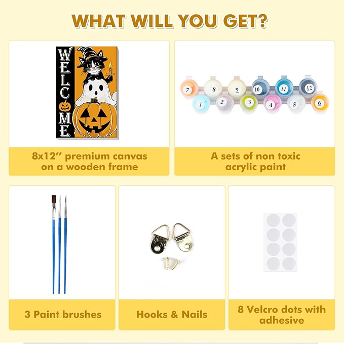 Bowetile Halloween Framed Paint by Numbers for Adults Kids, Adults' Paint-by-Number Cat Kits on Canvas, Easy Acrylic Pumpkin Number Painting Ghost Crafts Kits Halloween Gifts for Home Decor, 8x12in