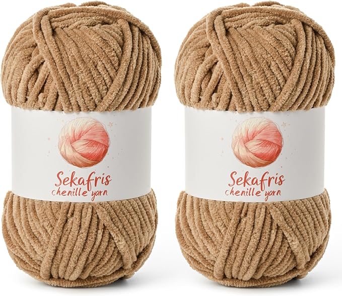 2 Pack Chunky Chenille Yarn for Crocheting, Baby Yarn for Crocheting Soft Blanket, 174.9 yds /7 oz Crochet Yarn, Bulky 5 Amigurumi Yarns, Fluffy Velvet Yarns for Knitting Crafts (2 Deep Khaki)