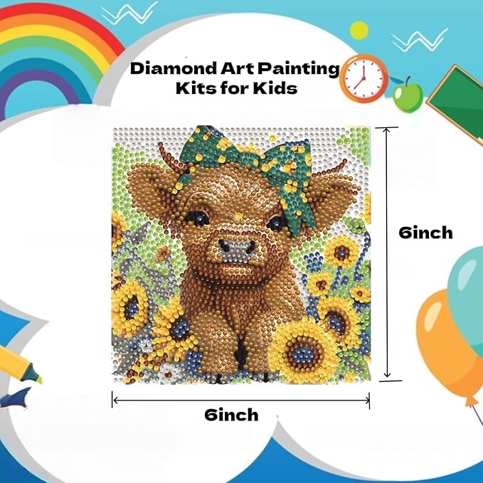 BYGFHLYW Cow Diamond Painting Kit for Kids with Frame, Animals Diamond Art for Kids Ages 8-12, Full Drill Cute Diamond dot Big Gem Art Kits for Children Beginners Home Wall Art Decor 7X7 inch