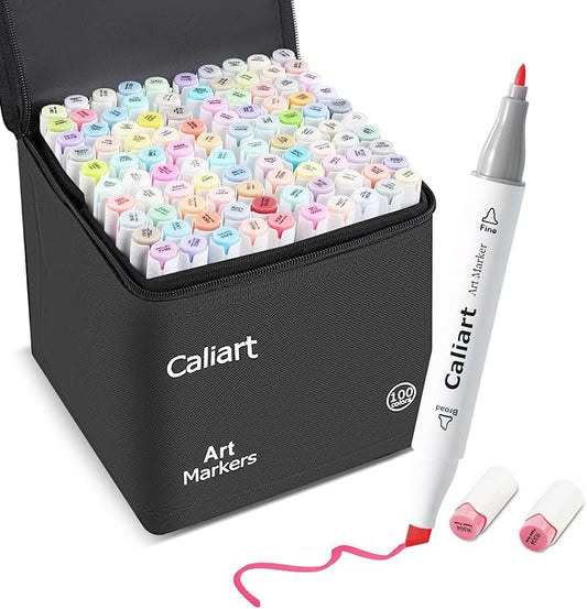 caliart pastel markers, 100 colors dual tip art markers sketch pens permanent alcohol based, with case for adults artists drawing illustration sketching coloring