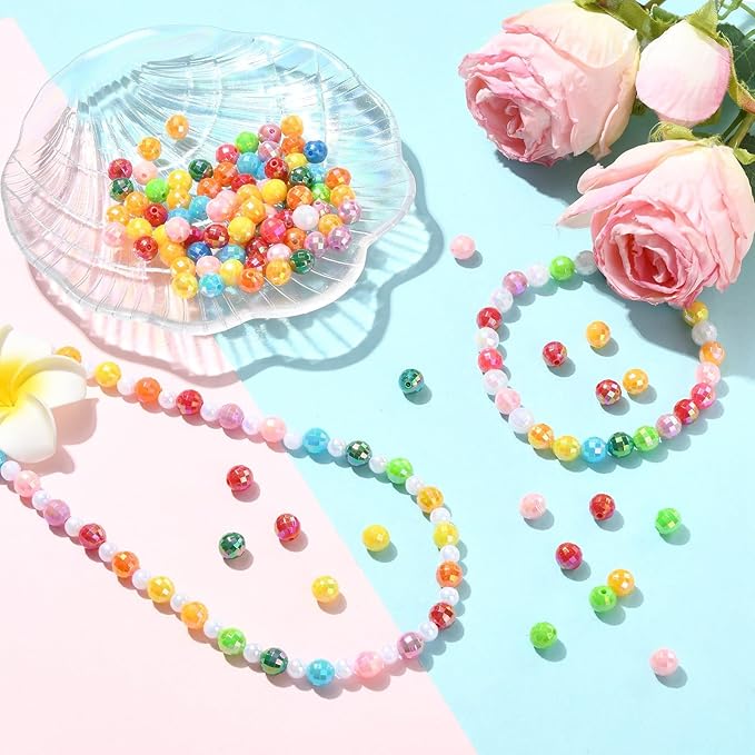Ipotkitt 200 Pcs 8mm Faceted Round Acrylic Beads AB Color Platic Spacer Beads Random Color Round Ball Loose Beads for DIY Jewelry Making Home Decoration