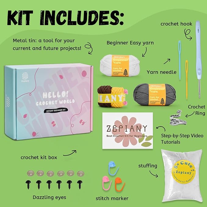 Zepiany Crochet Kit for Beginners with Beginner Yarn, Amigurumi Crochet Kits for Starters Knitting Kit, Beginner Crochet Animals for Adults with Step-by-Step Video Guides for Crochet Gifts