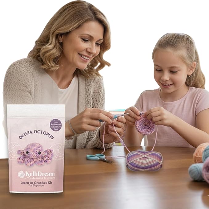 KelliDream Magic Circle Tool Inclusive Learn to Crochet Kit for Beginners; Step-by-Step Video Tutorials; All Supplies to Make Cute Amigurumi (Octopus)