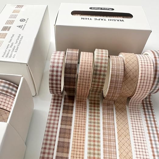 YUBX Vintage Washi Tape Set 8 Rolls Thin Retro Decorative Antique Patterns Masking Tapes for Arts, DIY Crafts, Journals, Planners, Scrapbook, Wrapping (Retro Plaid)