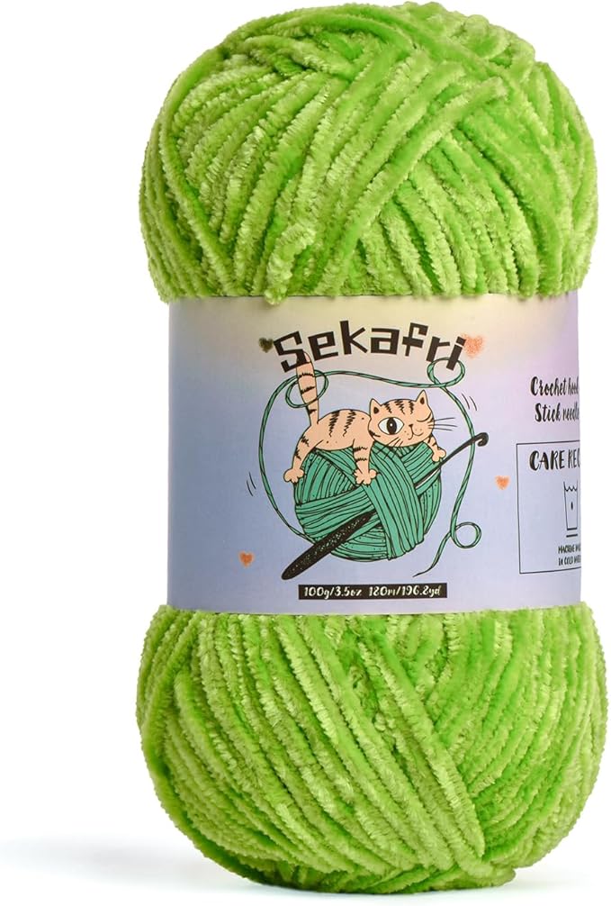 Fuzzy Chenille Yarn for Crocheting, Fluffy Amigurumi Crochet Yarn for DIY Craft/Hat/Shoes, (100g/197yds) Soft Velvet Baby Blanket Yarns（Lime Green）