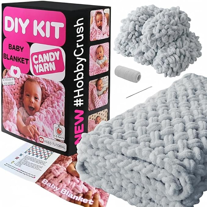 Beginner Craft Kit – Easy Loop Yarn Baby Blanket Kit for Adults & Kids, DIY Arm Knitting Kit with Soft Chenille Yarn, Perfect Handmade Gift (Gray)