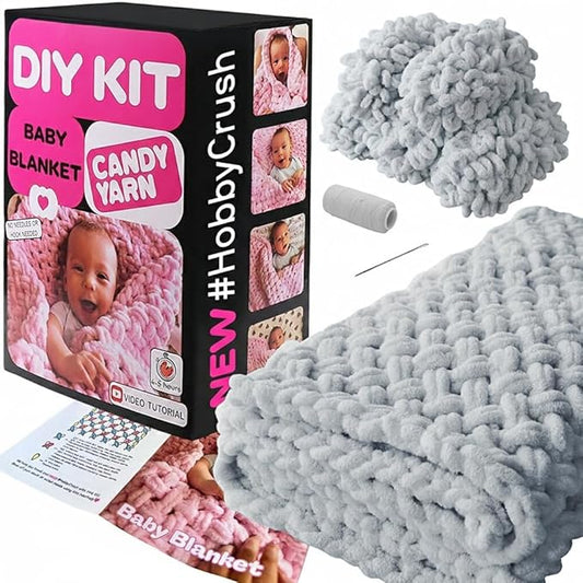 Beginner Craft Kit – Easy Loop Yarn Baby Blanket Kit for Adults & Kids, DIY Arm Knitting Kit with Soft Chenille Yarn, Perfect Handmade Gift (Gray)