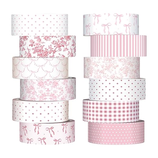12 Rolls Watercolor Floral Washi Tape Set 15 mm Vintage Flower Decorative Masking Tape for Spring Arts DIY Craft Scrapbook Journal Supplies Gift Wrapping(Pink,Bows)