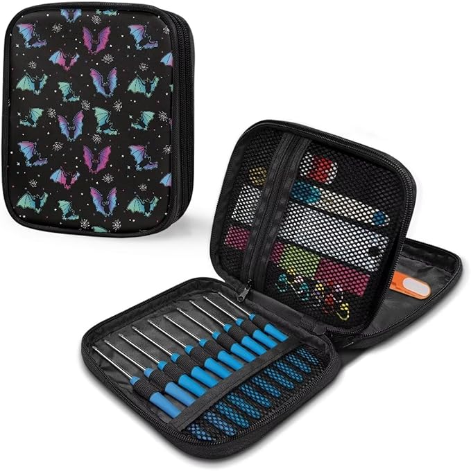 Hechitok Halloween Bats Crochet Hook Case Empty Zipper Bags Organizer Travel Crochet Storage Bag with Web Pocket for Carrying Various Crochets and Knitting Accessories