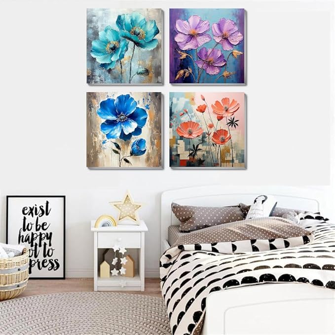 4 Pack Paint by Numbers Kit for Adults Beginners Framed - Flowers Adults Paint by Numbers Kits on Canvas with Paints and Brushes, Flowers Small Oil Paint by Number Kits for Home Decor 8 X 8 Inch