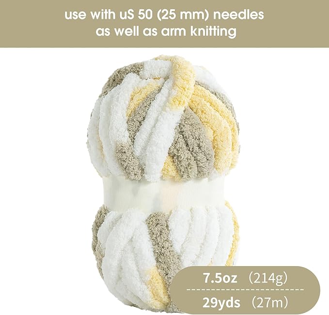 HOMBYS Chunky Tie Dye Mix Chenille Yarn for Hand Knitting, Super Bulky Jumbo Yarn for Crocheting, 3/4" Thick Soft Plush Yarn for Blankets, 8 Skein Pack (26 yds / 7.5 oz Each) White Yellow Brown