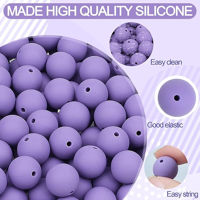 MAIBAOTA 120 Pcs Purple Silicone Beads 15 mm Purple Beads for Keychain/Pens/Bracelet/Necklace Making Focal Beads Loose Rubber Round Silicone Beads Bulk for Craft Making（with Boxed Kits）