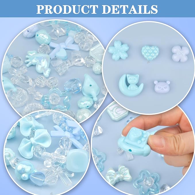 ABONDEVER 245-300Pcs Assorted Acrylic Beads for Bracelets Making Cute Star Bow Flower Candy Heart Gummy Bear Butterfly Beads for DIY Jewelry Crafts Keychain Necklace Phone Charms(Blue)