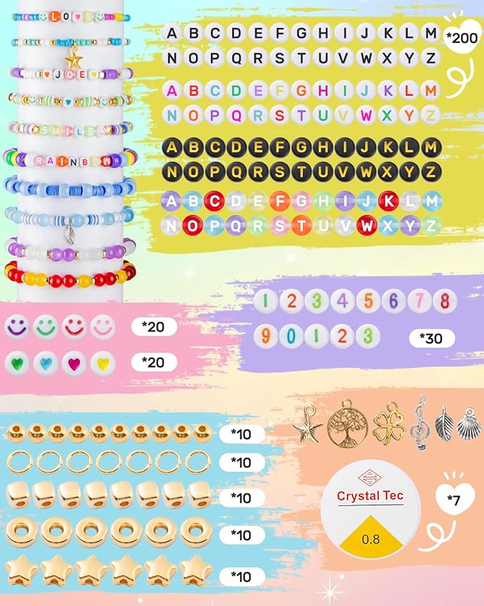 Taybonds Beaded Jewelry Assembly Set – 24 Color Polymer Clay, Glass & Letter Beads with Gold Spacer Components, Aesthetic Jewelry Materials for Bracelets, Necklaces & Accessories