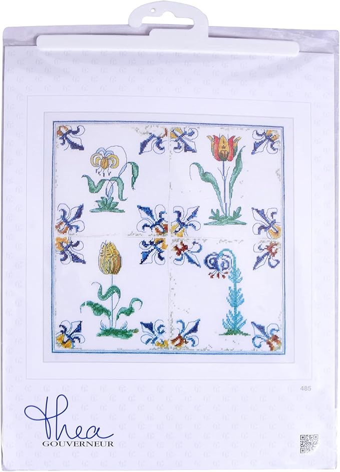 Thea Gouverneur - Counted Cross Stitch Kit - Antique Tiles Flowers - Aida - 18 Count - Embroidery Kit for Adults - DMC Embroidery Threads and Other Cross Stitch Supplies Included - 485A