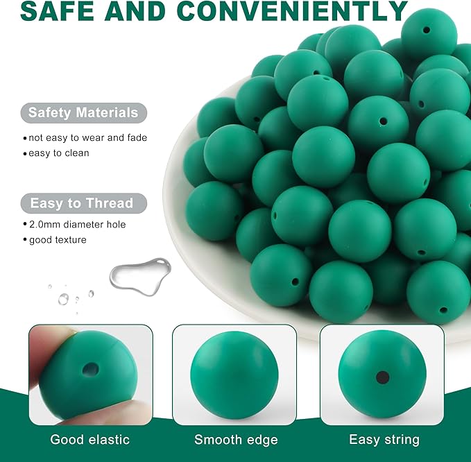 65Pcs 19mm Silicone Beads for Keychain Making Bracelet Necklace, Bulk Round Silicone Beads for Pens（Deep Green）