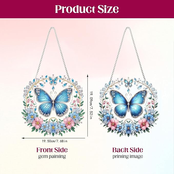 Masendp Hanging Diamond Art Set, Butterfly Flower 5D Special Shape Diamond Art Painting Window Pendant, DIY Double Sided Diamond Artist Home Garden Wall Hanging Decoration