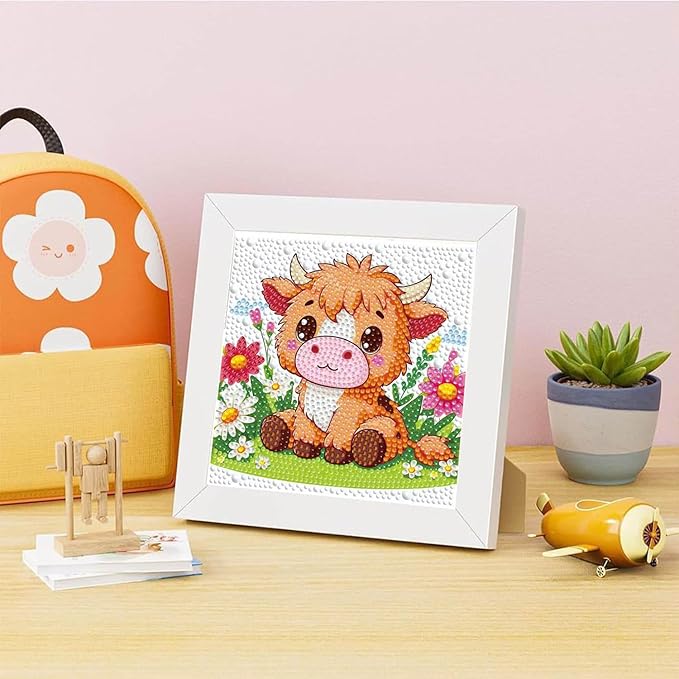 Dlylust Highland Cow Diamond Art Kits for Kids with Frame, Gem Art for Kids Ages 4-8-12, Easy Diamond Painting Kit with Beautiful Package for Gift Home Wall Decor