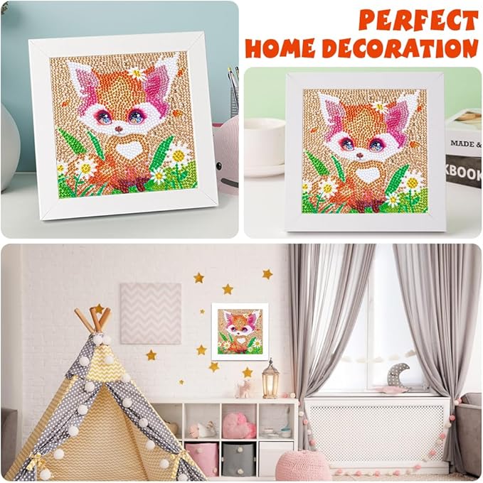 QEUOYSS Diamond Art Kit for Kids with Wooden Frame Art and Crafts for Kids Ages 6-8 -10-12 Easy to DIY Diamond Art for Kid and Adult Beginners Home Wall Decoration (Flower Fox)