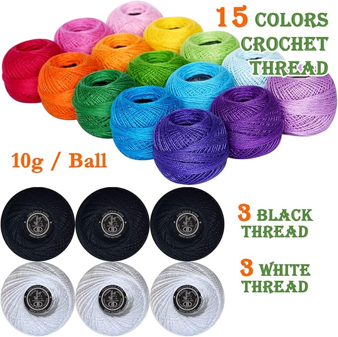 COLORED BIRD 21 PCS Size 8 Cotton Crochet Thread with kit in Ball Craft Yarn for Knitting and Crochet Perfect Beginner Kit