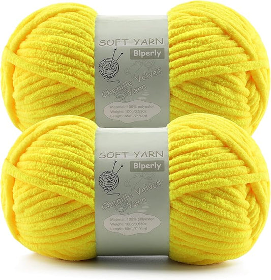 Chunky Chenille Yarn Velvet Soft Super Bulky Size 6 for Crocheting Knitting, Baby Blanket Yarn, 100g 71 Yds per Skein, Easy to Use for Scarves, Amigurumi, Crafts (2, Lemon Yellow)