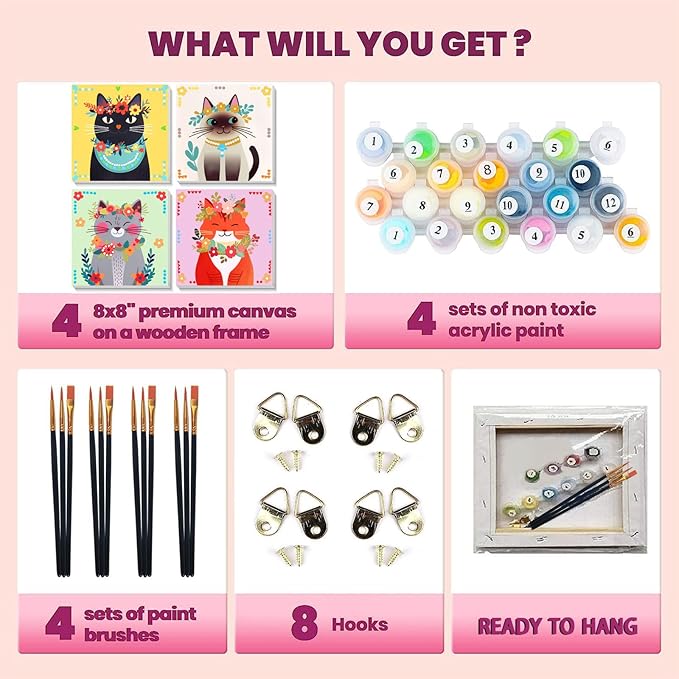 4 Pack Cat Paint by Number for Kids with Wooden Frame, Paint by Numbers for Kids Cats Ages 4-8-12, Easy Cat DIY Acrylic Oil Painting Kits for Home Wall Decor (8X8 inch)