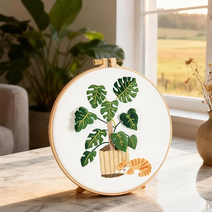 Monstera Embroidery Kits for Beginners Adults, Cat Hand Embroidery Kits, Potted Plant Cross Stitch Kits for Beginners DIY Craft Kits for Adult Women, Entire Set of Embroidery Supplies & Video Tutorial