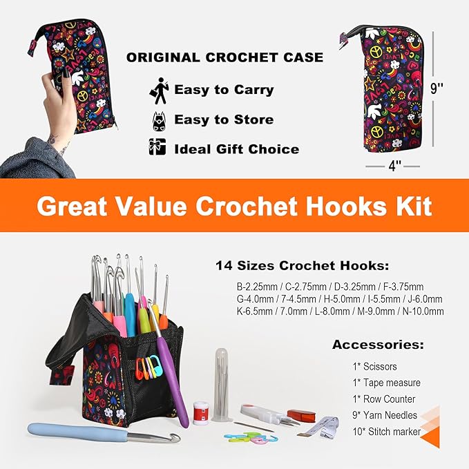 YOJOB 14 Sizes Crochet Hooks Set, 2.25mm - 10mm, Ergonomic Crochet Hook Set for Arthritis and Beginners, with Crochet Case and Accessories