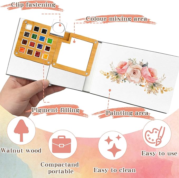 Mini Watercolor Paint Set - Mini Travel Watercolor Palette Set, Pocket Water Color Paint Palette Kit with 18 Colours, Sketchbook, Pens, Wooden Paints Box for Painters Artists
