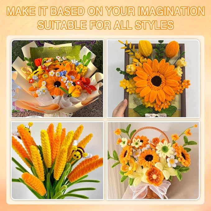 985-Pieces Sunflower Craft Kit - Golden Yellow & Orange Pipe Cleaners with Floral Supplies for DIY Sunflower, Tulip & Lily Making - Complete Flower Crafting Set