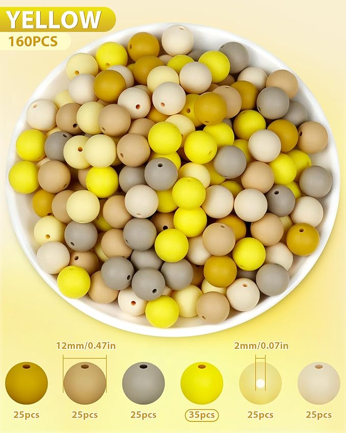 160pcs fiveizero silicone beads for keychain making, yellow mixed 6 colors round silicone beads bulk for pens, rubber bead for bracelets and diy crafts