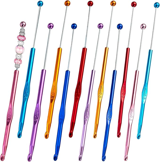 6 Pack DIY Beadable Crochet Hooks Knitting Needles Set Aluminum Handle for Focal Beads Colors (Blue Purple Red Orange Pink Light Blue, 5-6 mm)