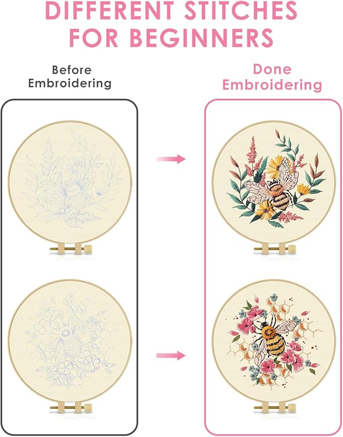 TINDTOP 2 Pack Embroidery Kit for Adult, Embroidery DIY Starter Kit, with Stamped Patterns, Hoop, Tools, Colorful Threads with Needles, Instructions (Bee)