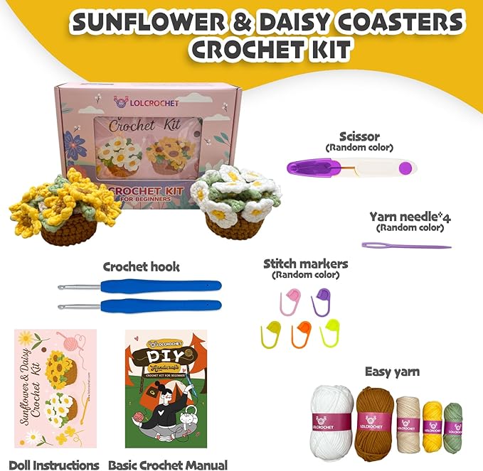 Crochet Kit for Beginners, Learn Crochet Flower Coaster Kit, Include Video Tutorial & Manual, Easy Knitting Yarn for Adult Amigurumi, DIY Holiday Birthday Gift Idea(Sunflower & Daisy)