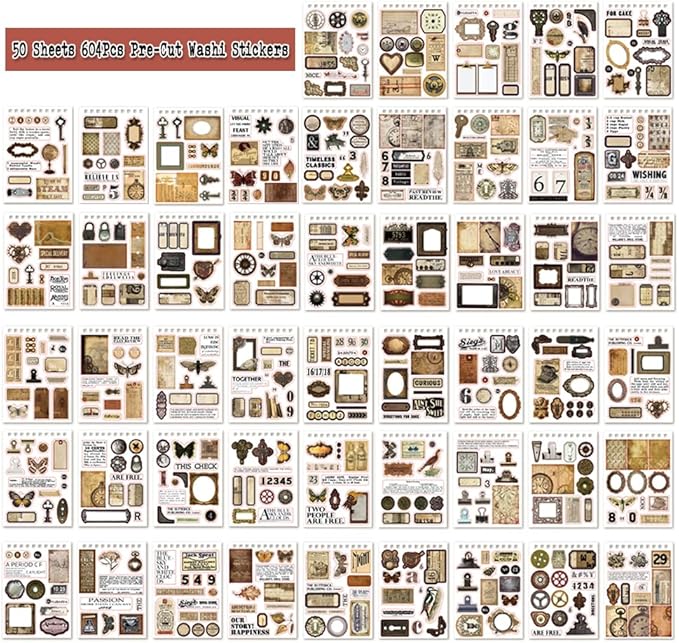 50 Sheets Precut Dark Academia Washi Stickers Book for Journaling, 604PCS Vintage Scrapbook Stickers, Ephemera for Junk Journal Supplies, Scrapbooking, Bujo, Collage, Adults Crafts Arts