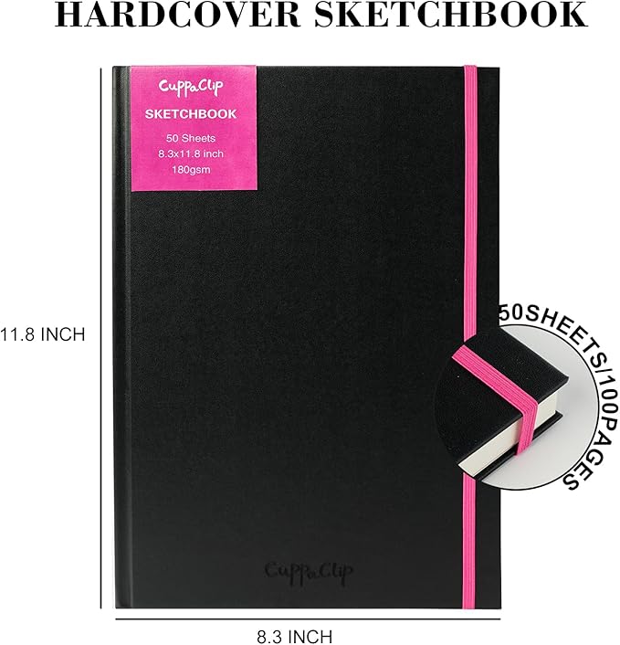 CuppaClip Sketch Book Hardcover Drawing Pad 300GSM Acid-Free Paper Spiral Bound Sketchbook 50 Sheets/100 Pages Art Supplies (Hardcover, 8.3x11.8in)