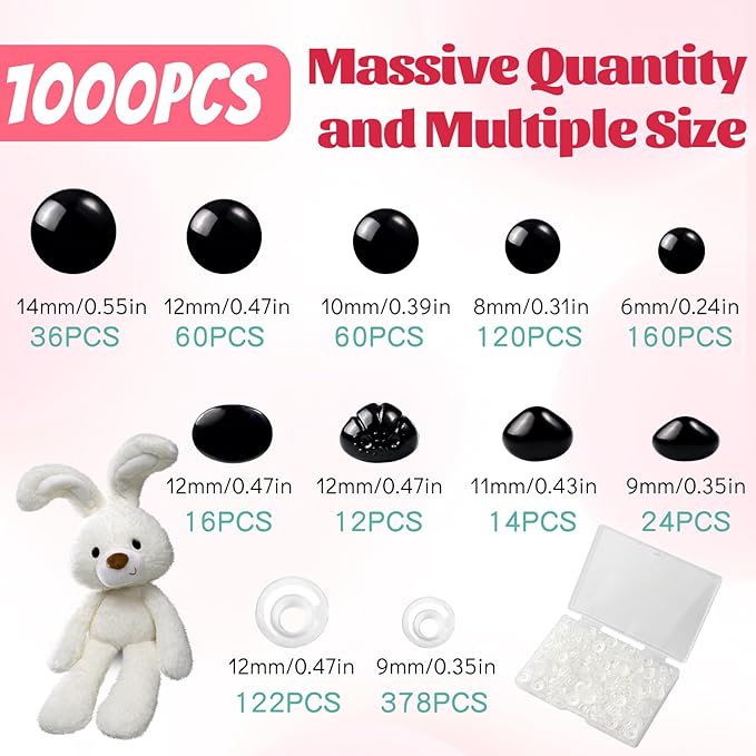 1000 Pcs 6-14mm Safety Eyes and Noses for Crocheting, Black Plastic Safety Eyes with Washers, Craft Doll Eyes for Stuffed Animals, DIY Accessories, Safety Eyes for Amigurumi, Assorted Sizes