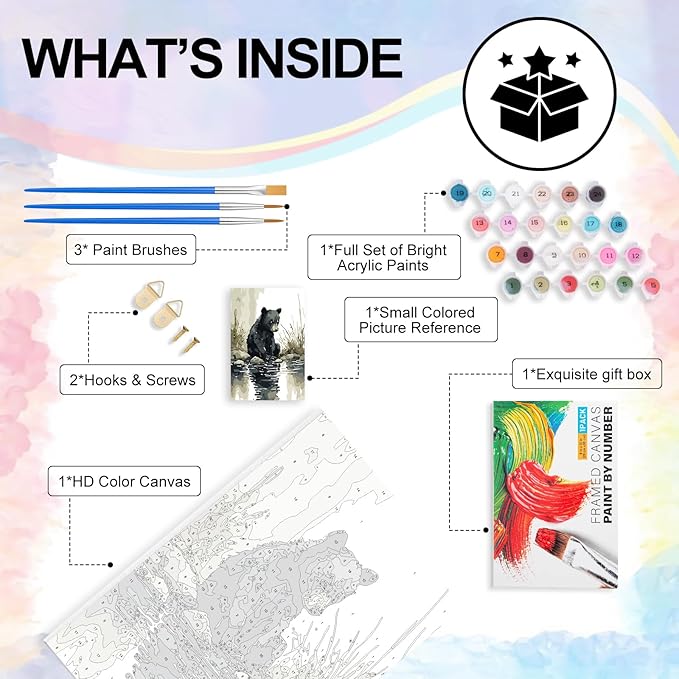 Yezavesu Framed Paint by Numbers Kit for Adults Beginner & Kids Ages 8-12, Bear Paint by Numbers with Frame, DIY Watercolor Number Painting for Adults Bear for Home Wall Decor Gift 8X 12 inch