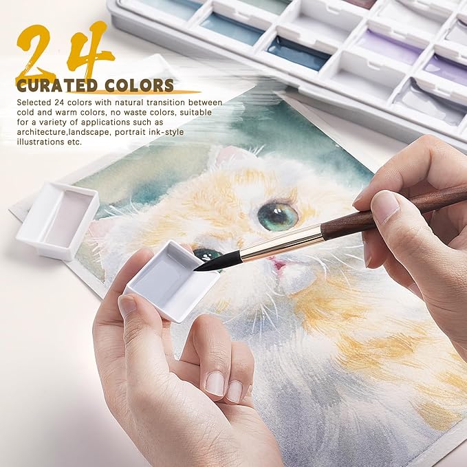 Fuumuui Watercolor Paint Set- 24-Color Opaque Semi-Moist Watercolor Paint, Gray Painting Sets Professional Art Supplies for Artists Adult Beginner Painters Amateur Hobbyists Painting