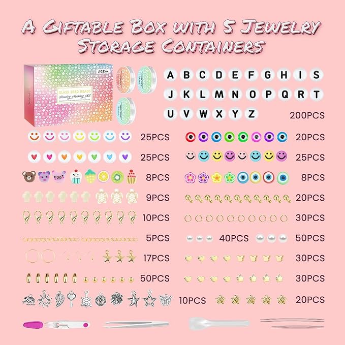 2mm Tiny Glass Seed Beads for Bracelets, 96 Colors 60000pcs Small Glass Beads Waist Beads Craft for Friendship Bracelets with Charms String Cords Tweezers Letter Bead Crafts Kits Jewelry Making Kit