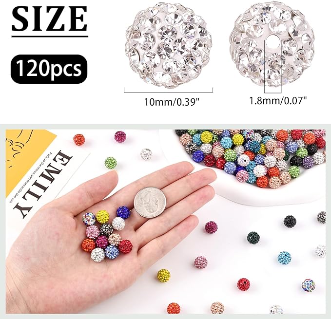 120pcs 10mm rhinestone beads for jewelry making, pink white shiny round shamballa disco ball beads bulk, sparkle crystal clay christmas for bracelet baseball necklace earring crafting and diy