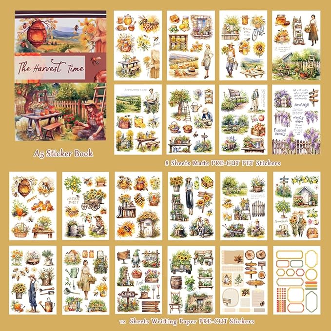 20 Sheets Precut Scrapbook Sticker Book for Scrapbooking, Journaling, The Harvest Time PET Washi Paper Materials Stickers for Junk Journal Supplies, Planner, Bujo, Collage
