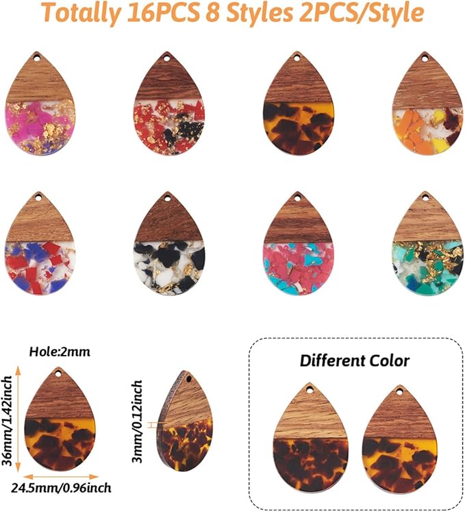 Beadthoven 16pcs/8 Pairs Resin Wood Teardrop Charms Earrings Pendants Mixed Colors Water Drop Shape Gold Foil Chips Wooden Pieces Pendants for Statement Jewelry Making Findings