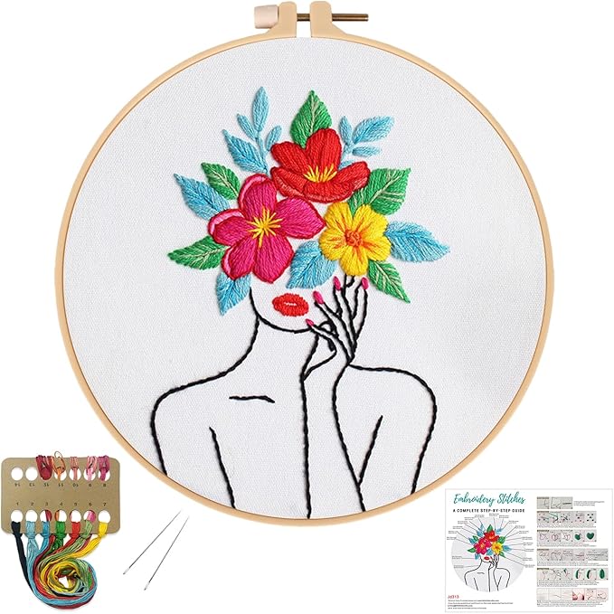 Louise Maelys Floral Embroidery Kits for Beginners,Woman Flowers Pattern Cross Stitch kit for Adults,DIY Needlepoint for Starters,Including Hoop,Instruction and Threads