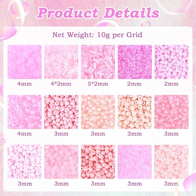 DUQGUHO Pink Beads for Jewelry Making 4mm Pink Glass Seed Beads Kit 15 Color 3mm 2mm Small Plastic Tube Bead for Bracelets Craft DIY