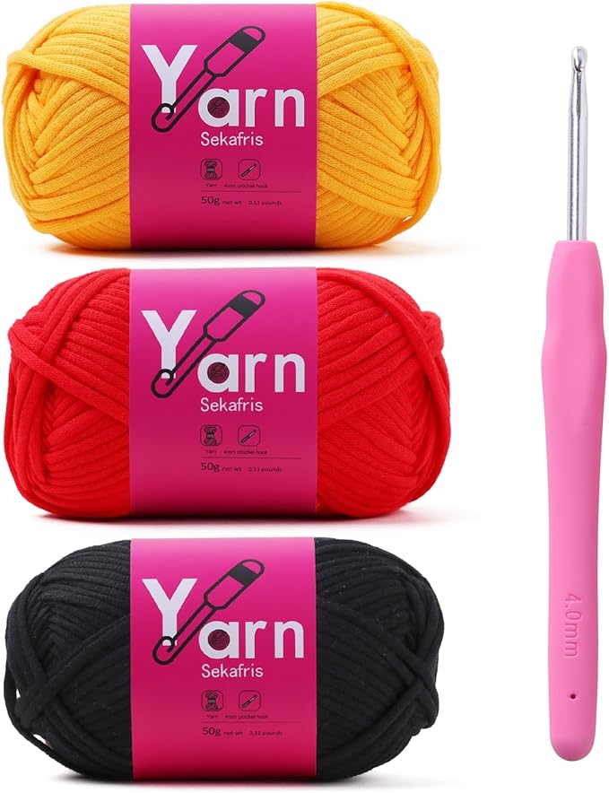 Crochet Yarn with Cotton - Chunky Yarn for Crocheting - Easy-to-See Stitches - Black+Crimson+Golden Yellow