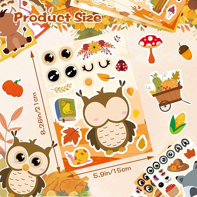 24 sheets fall stickers, make-a-face sticker, fall animal stickers for kids make your own animal mix and match sticker sheets kids party favor supplies craft